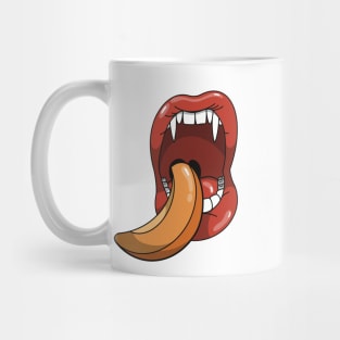 Mouth with vampire teeth about to take a bite into a slice of a peach Mug